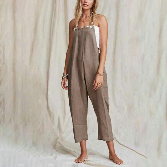 Solid Color Cotton Linen Pocket Solid Color Jumpsuit