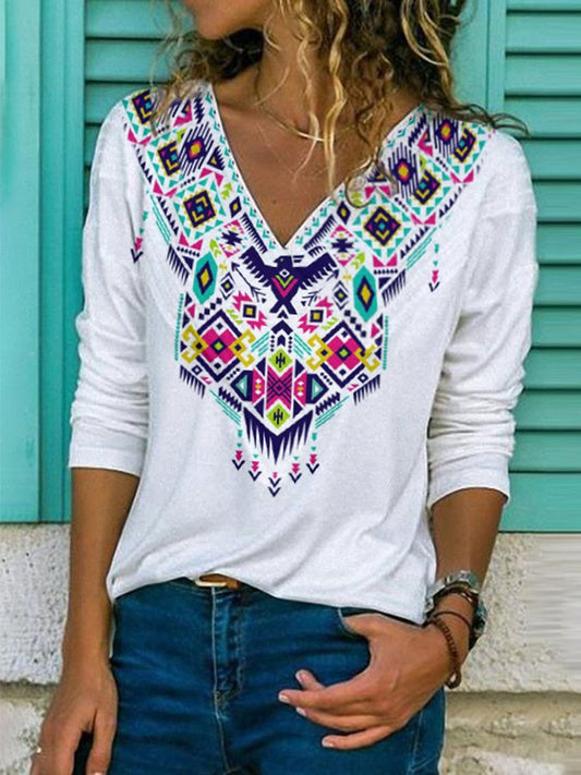 Ethnic Print V-Neck T-Shirt