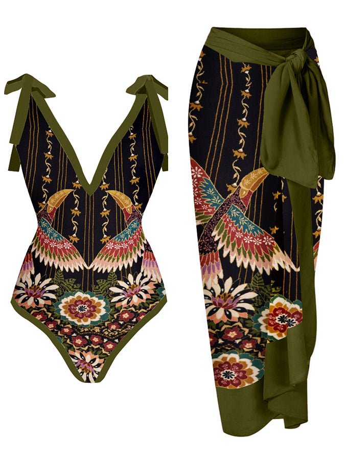 Vintage Abstract Colorblock Print One-Piece Swimsuit