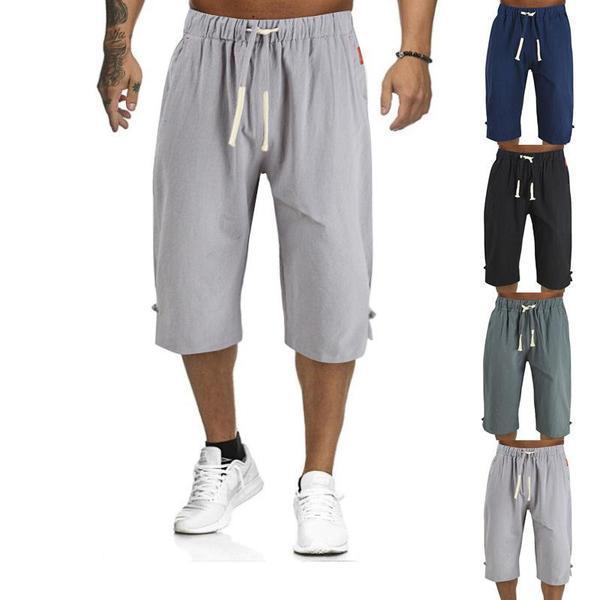2022Men's Summer Plain Casual Cotton And Linen Cropped Trousers.Loose fitting and breathable
