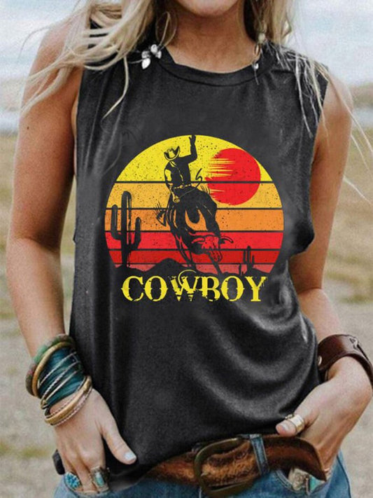 Western COWBOY Print Loose Tank Top