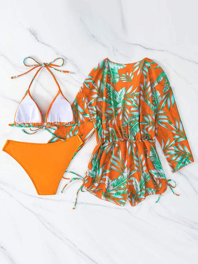 Three-piece bikini leaf print waist lace up long-sleeved beach sunscreen swimsuit