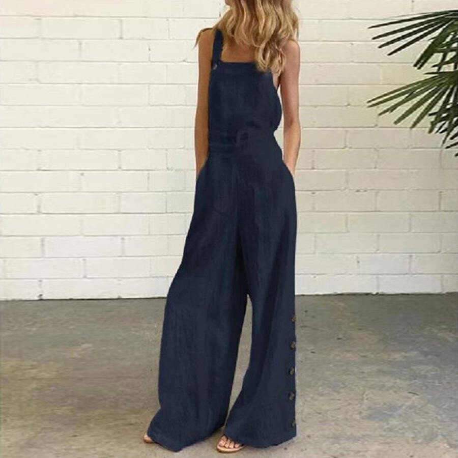 Women Cotton Sleeveless Vintage Wide-Leg Jumpsuit With Side Pockets