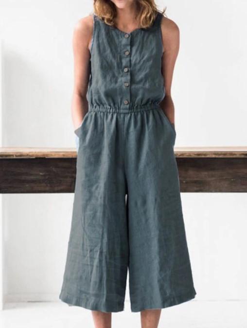 Casual single-breasted side pocket jumpsuit