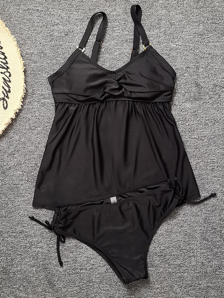Women's V Neck Drawstring Kink Solid Color Tankini Two-Piece Swimsuit