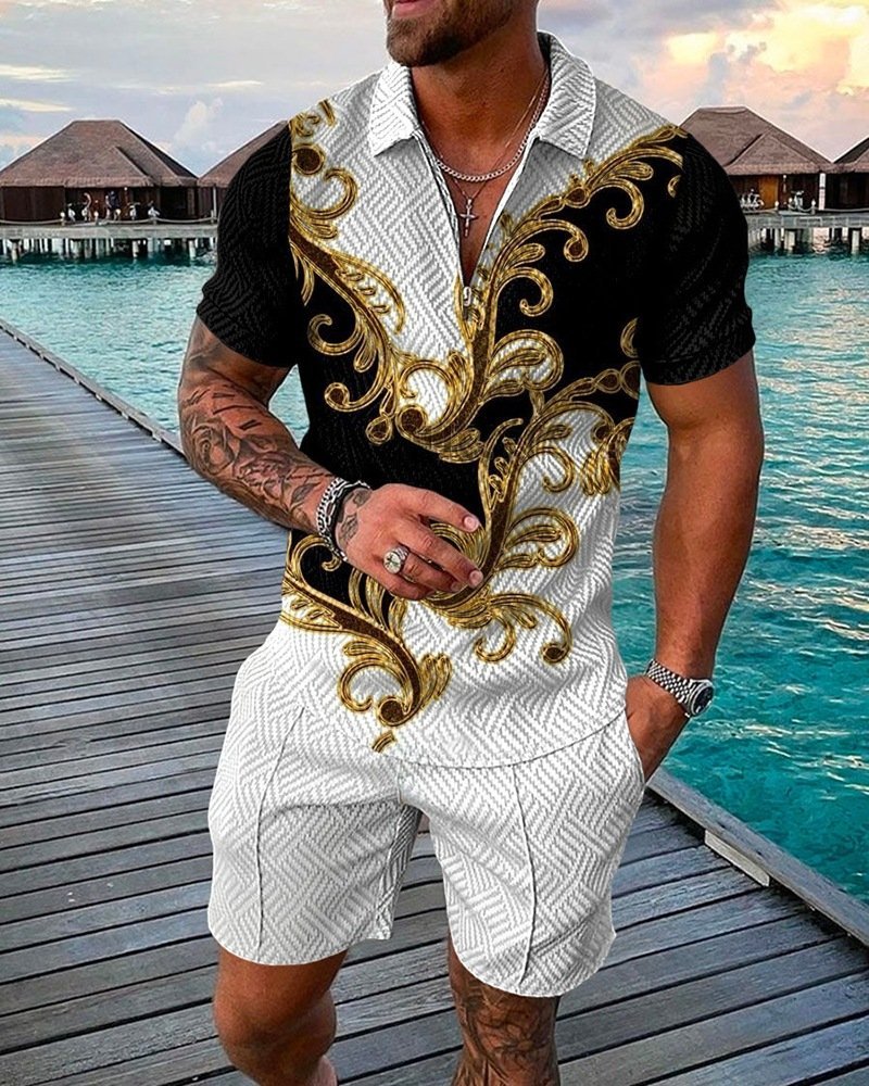 Men's casual printed polo suit