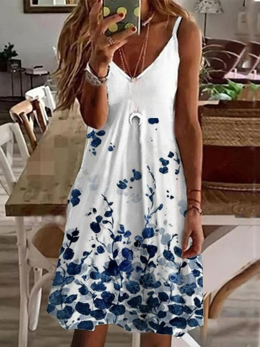 Casual Floral V Neck Sleeveless Knit Dress