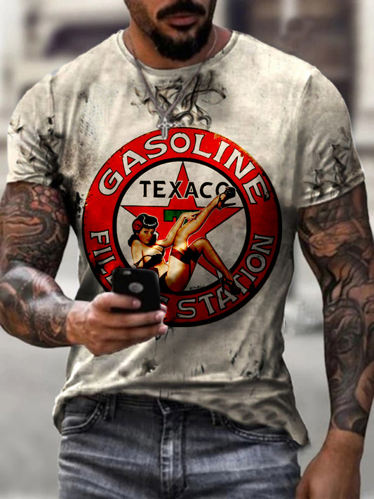 Casual round neck mens gas station beauty print T-shirt