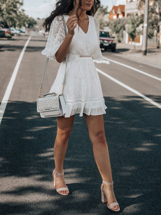 V-Neck Lace Hollow Out Mini Dress