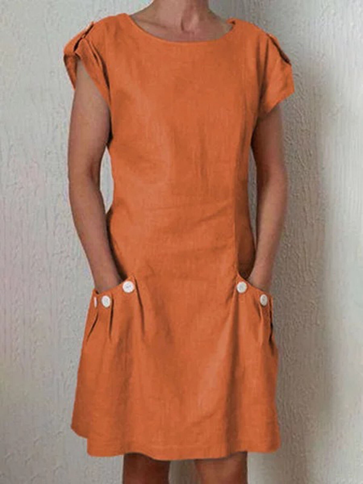 Women's Pure Color Pleated Pocket Cotton Dress