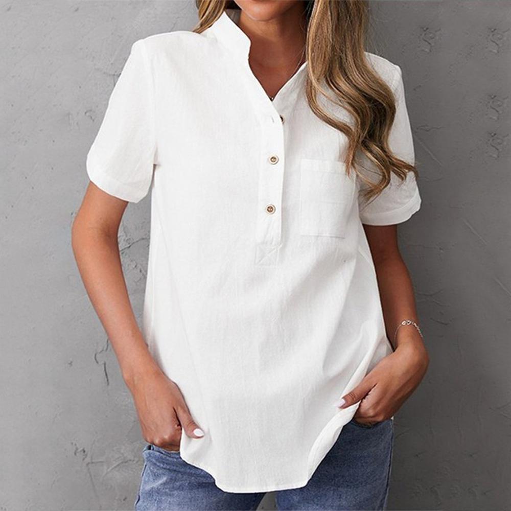 Basic Plain White Button Front Short Sleeve Top