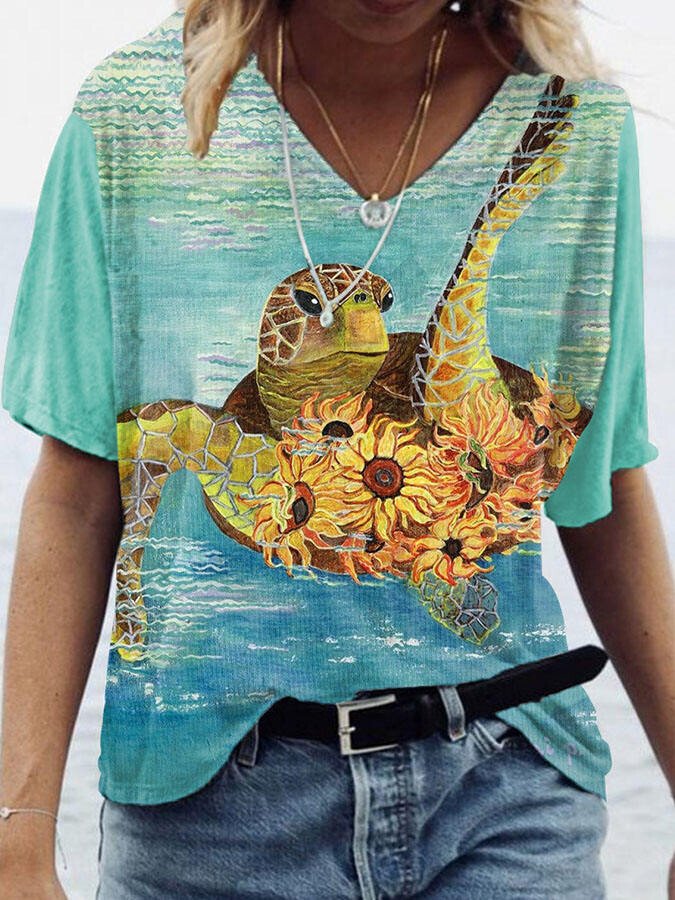 V-Neck Turtle Print T-Shirt