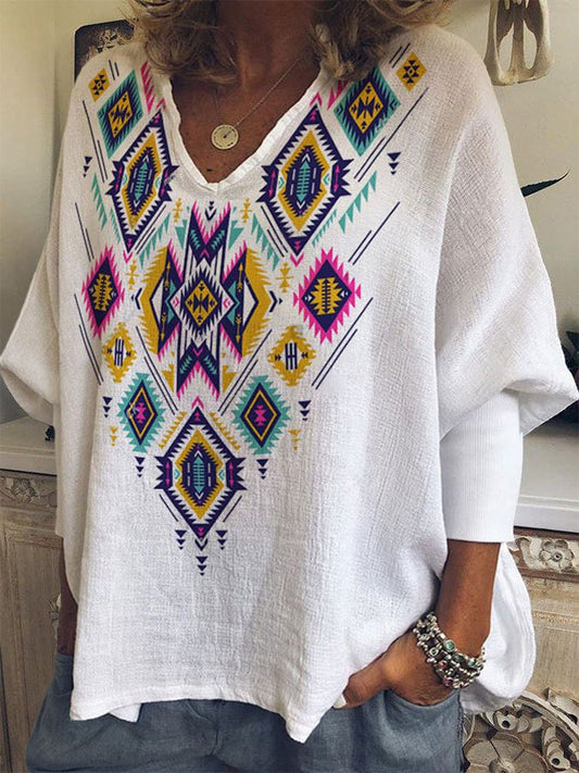 Ethnic Print V-Neck T-Shirt