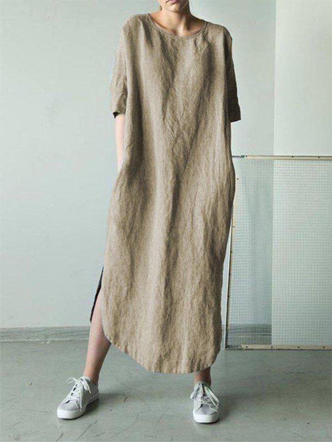 Women's Round Neck Mid Sleeve Cotton Linen Dress