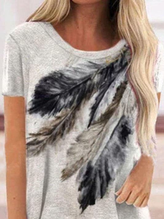 Western Feather Print Short Sleeve T-Shirt