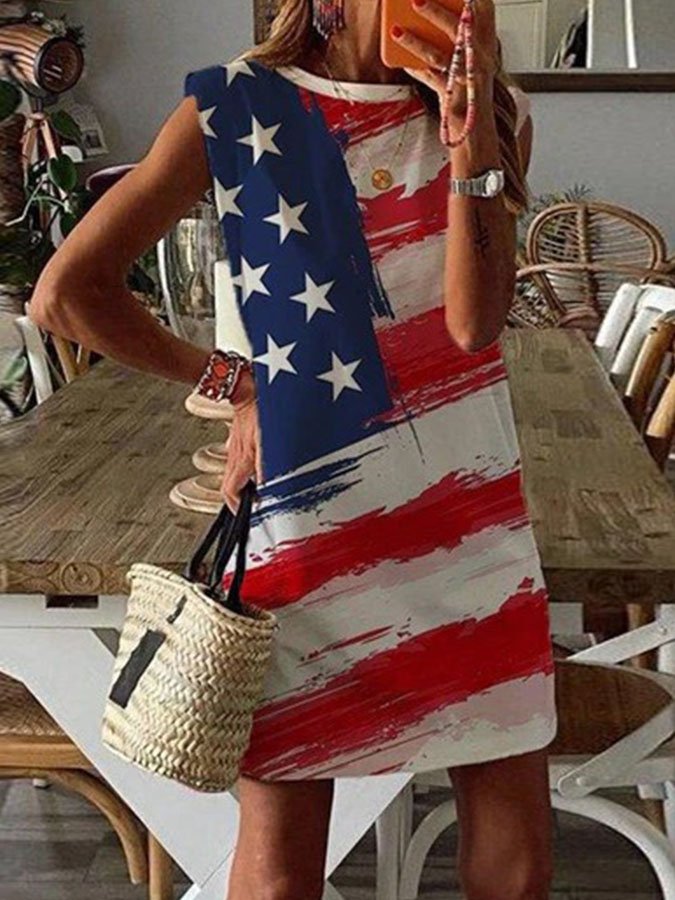 Women'S Casual Flag Print Round Neck Dress