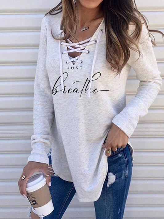 Printed Bandage V-Neck Long Sleeve T-Shirt