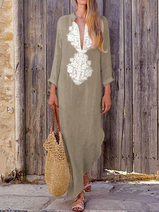 Cotton Linen V-Neck Long Sleeve Casual Dress