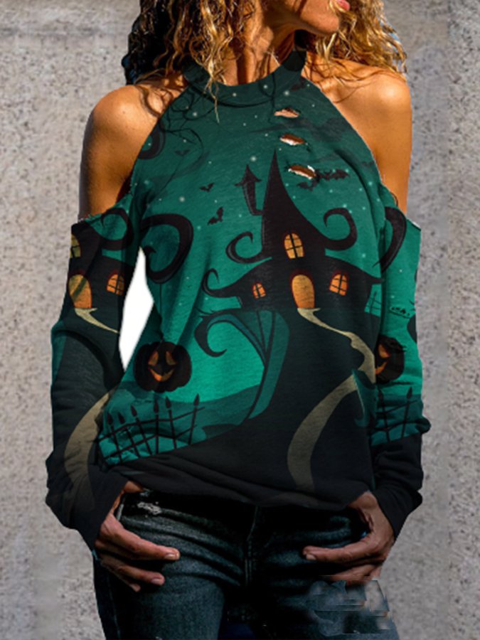 Halloween Off-The-Shoulder Print Shirt