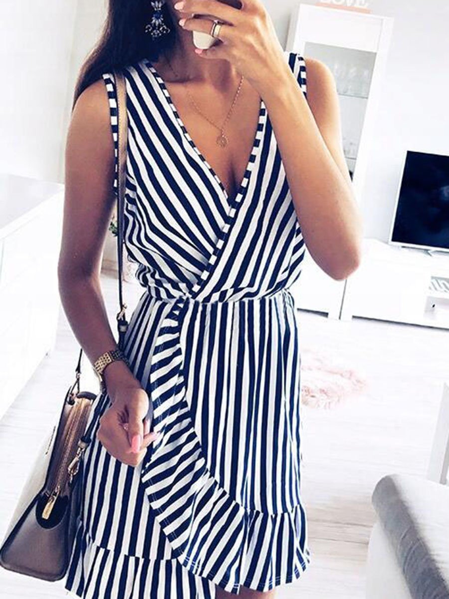 V-Neck Sleeveless Stripe Mini Dress