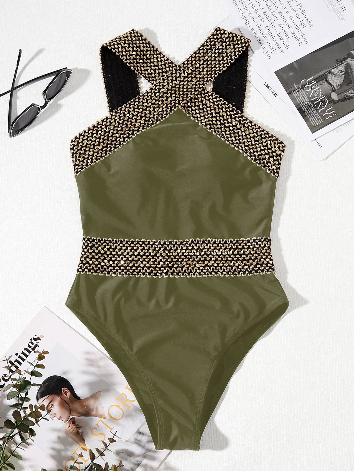 Women's Sequined Cross Neck Sexy One Piece Bikini
