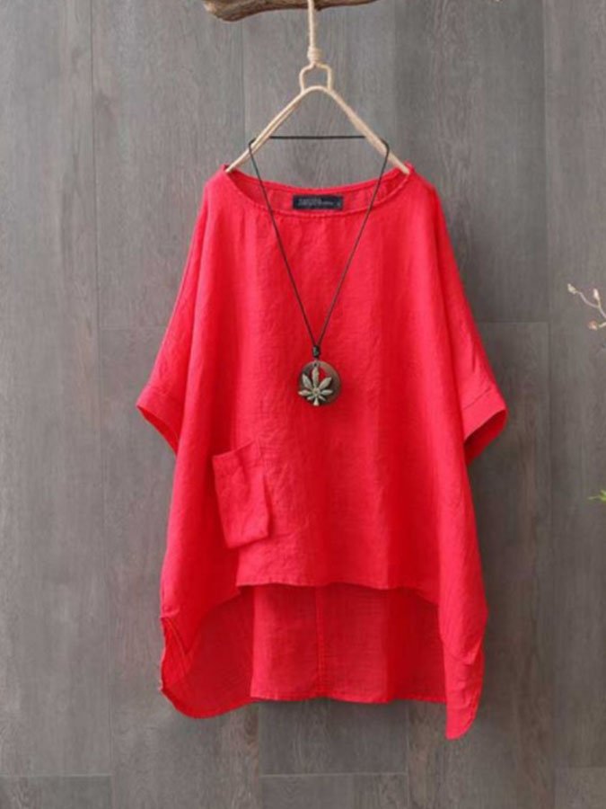 Vintage Round Neck Casual Cotton And Linen Top