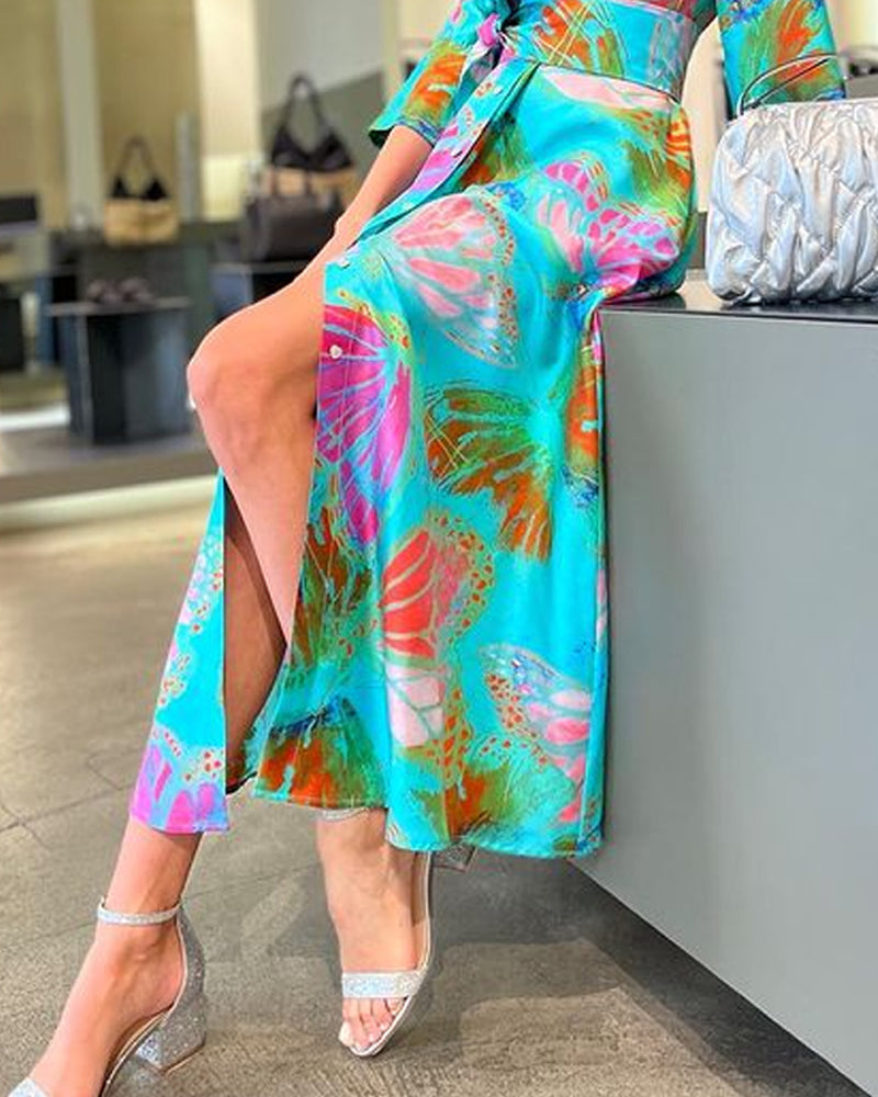 Casual Lapel Print Shirt Dress Midi Dress
