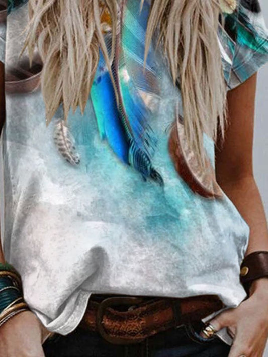 Gradient Feather Print Short Sleeve T-Shirt