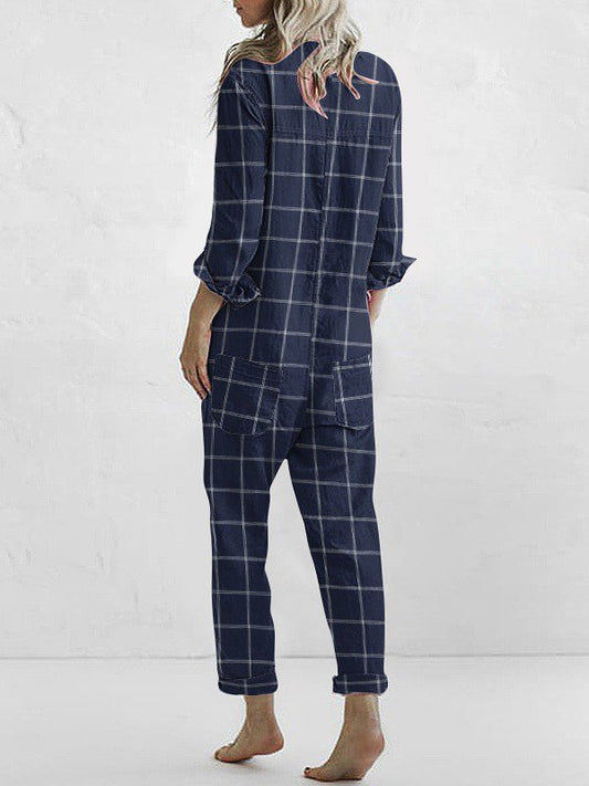 Women's dressing plaid solid color single-breasted shirt jumpsuit