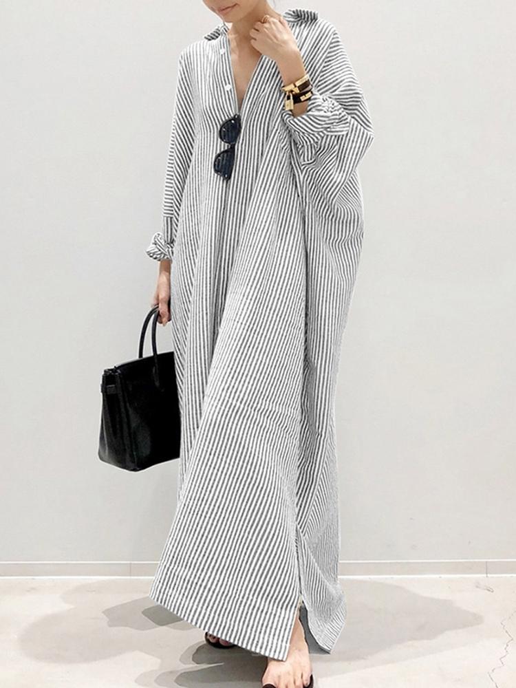 Puff Sleeve Stripe Printed Casual Maxi Dress