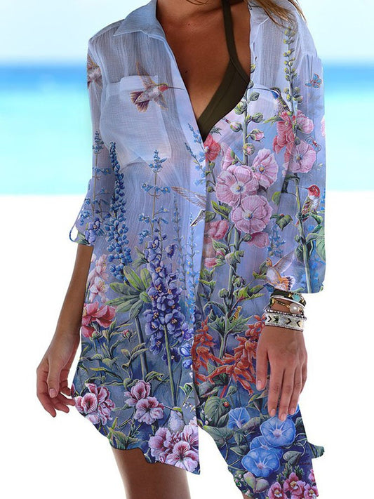 Hummingbird Print Casual Sun Protection Shirt