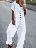 Women's Fashion Short Sleeve Loose Wide Leg Button Jumpsuit