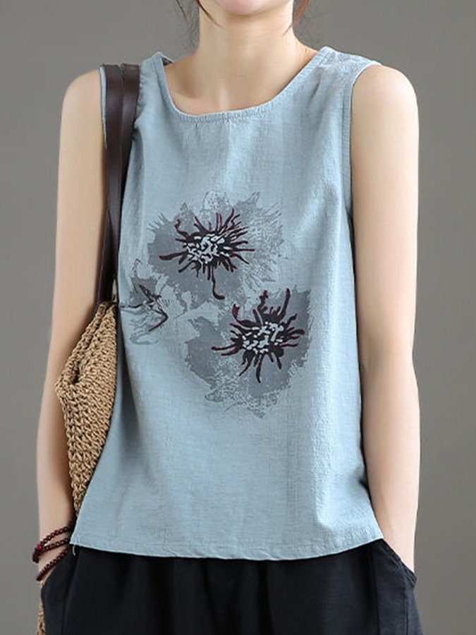 Ladies Cotton Linen Print Sleeveless Top