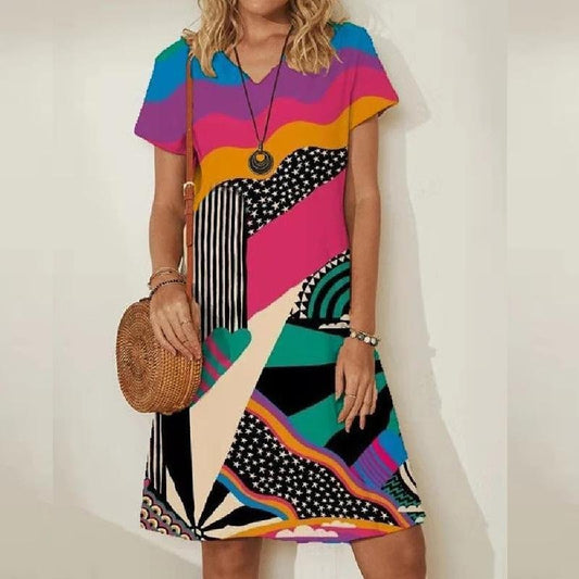 V-Neck Printed Casual Dress