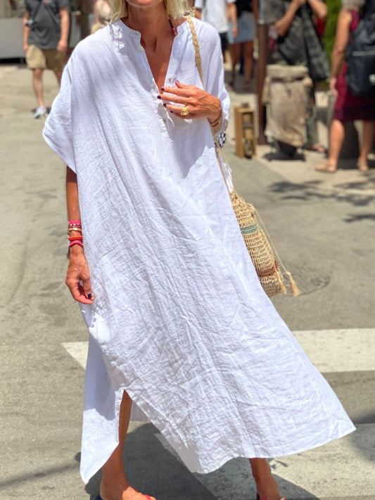 Vintage Solid V-Neck Loose Casual Dress