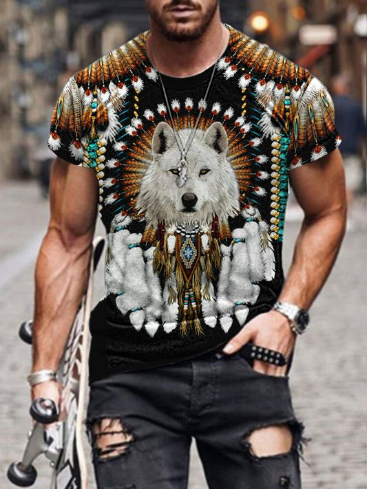 Men's Wolf Western Print Crew Neck Short Sleeve T-Shirt