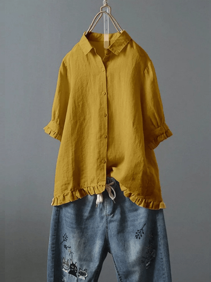 Women's Single Breasted Ruffle Cotton Linen Short Sleeved Shirt