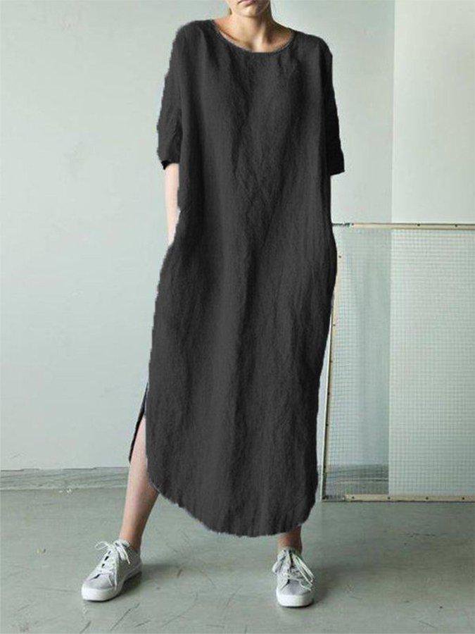 Women's Round Neck Mid Sleeve Cotton Linen Dress