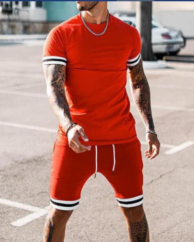 Black Crew Neck Striped Casual Short Suits