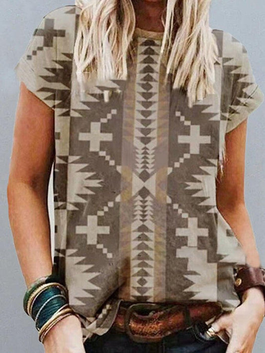 Western Geometric Print Loose Short Sleeve T-Shirt