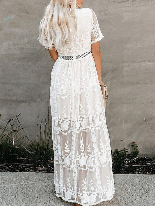 Lace Solid Short Sleeves A-line Maxi Dress