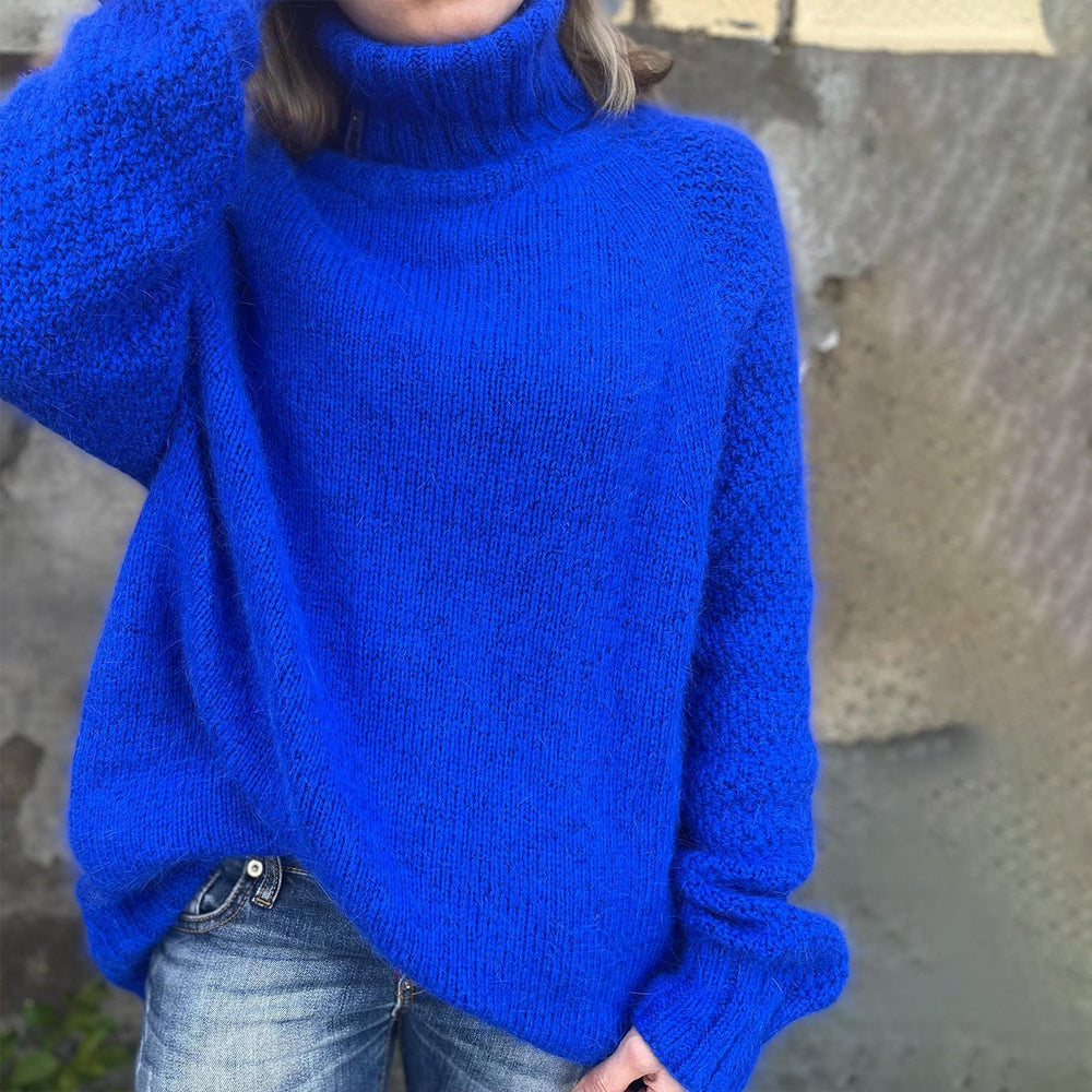 Blue Plain High Neck Sweater