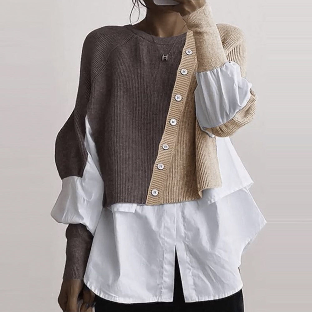 Brown Color Block Round Neck Sweater