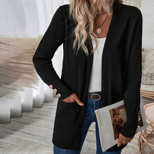 Black Long Sleeve Plain Cardigan