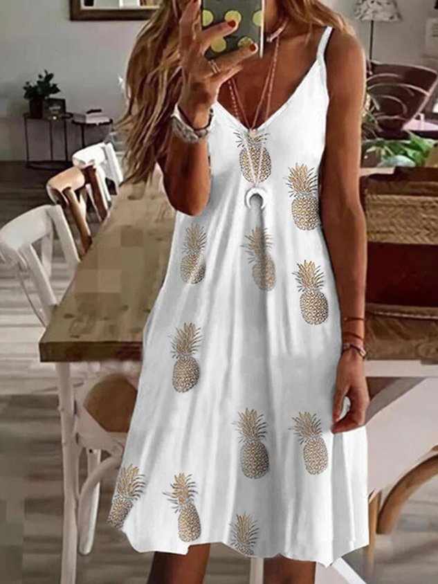 V-neck loose pineapple floral print suspender dress Loosen Knitting Dress