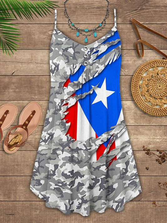 Camouflage Star Print Spaghetti Strap Dress