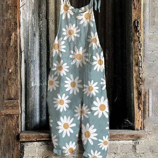 Ladies Casual Daisy Print Cotton Linen Jumpsuit