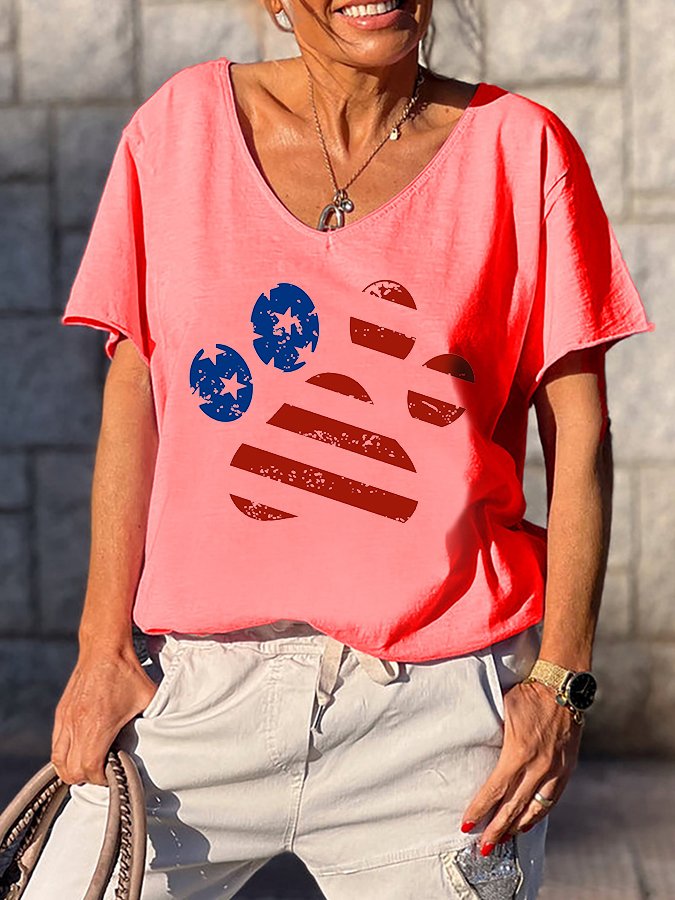Women's Flag Dog Paw Print V-Neck T-Shirt