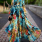 Green Leaf Print Maxi Dress