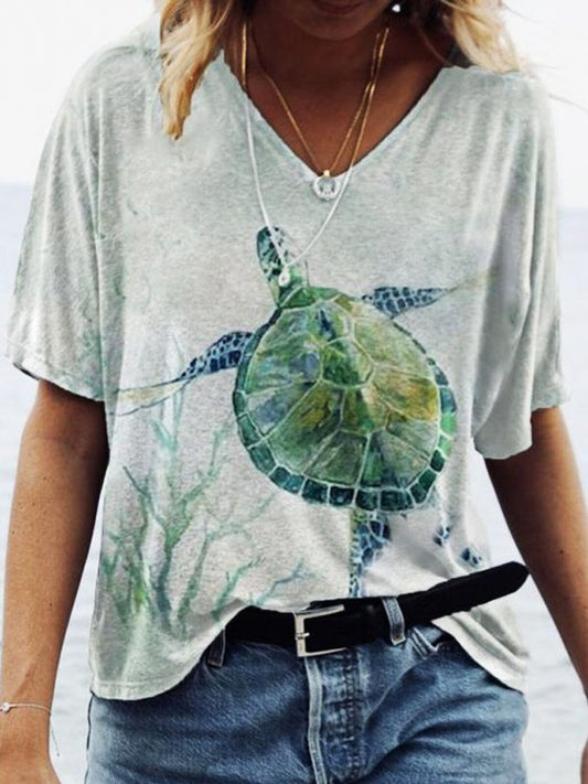 Women's Sea Turtle Print Casual V-Neck Tee